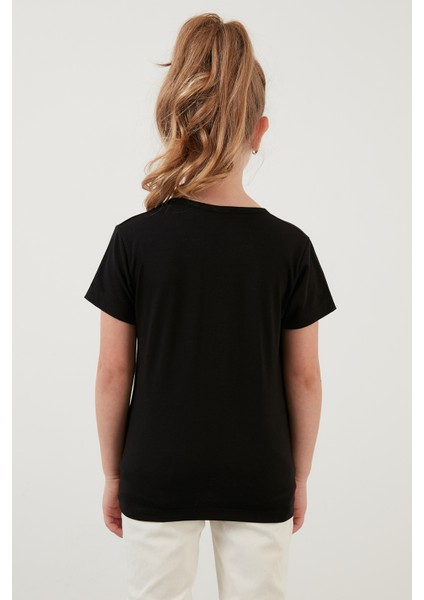 Pamuklu Baskılı Bağlama Detaylı Bisiklet Yaka T Shirt Kız Çocuk T Shirt 6211018