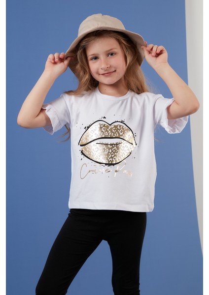 Pamuklu Baskılı Kolları Fırfırlı Bisiklet Yaka T Shirt Kız Çocuk T Shirt 6211019