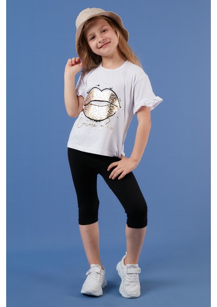 Pamuklu Baskılı Kolları Fırfırlı Bisiklet Yaka T Shirt Kız Çocuk T Shirt 6211019 fiyatları