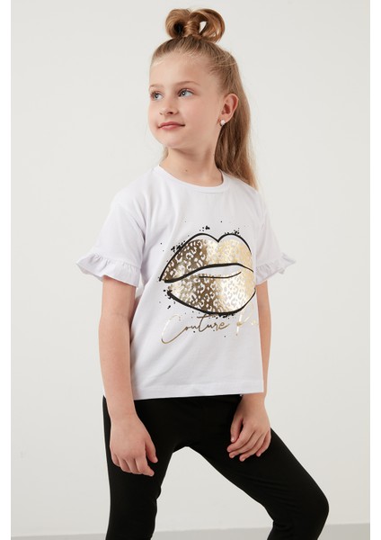 Pamuklu Baskılı Kolları Fırfırlı Bisiklet Yaka T Shirt Kız Çocuk T Shirt 6211019 modelleri