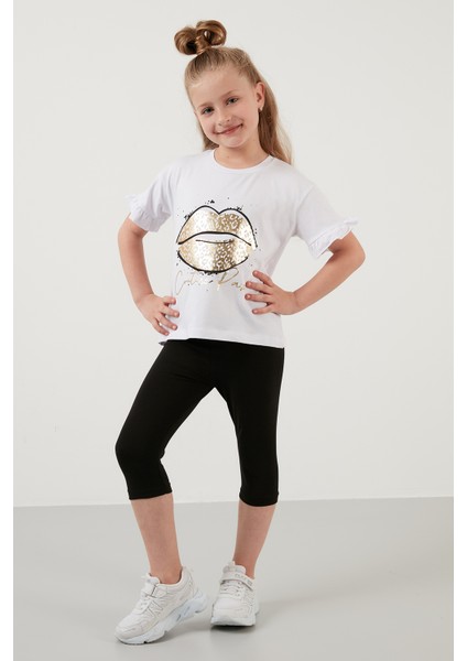 Pamuklu Baskılı Kolları Fırfırlı Bisiklet Yaka T Shirt Kız Çocuk T Shirt 6211019 fırsatları