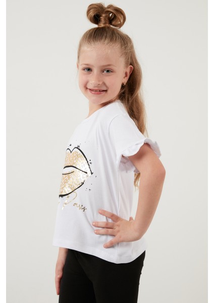 Pamuklu Baskılı Kolları Fırfırlı Bisiklet Yaka T Shirt Kız Çocuk T Shirt 6211019 indirimleri