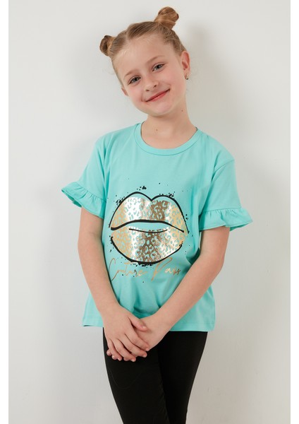 Pamuklu Baskılı Kolları Fırfırlı Bisiklet Yaka T Shirt Kız Çocuk T Shirt 6211019 fırsatları