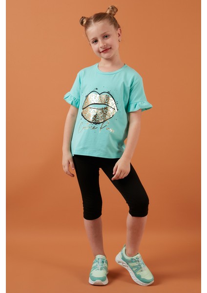 Pamuklu Baskılı Kolları Fırfırlı Bisiklet Yaka T Shirt Kız Çocuk T Shirt 6211019
