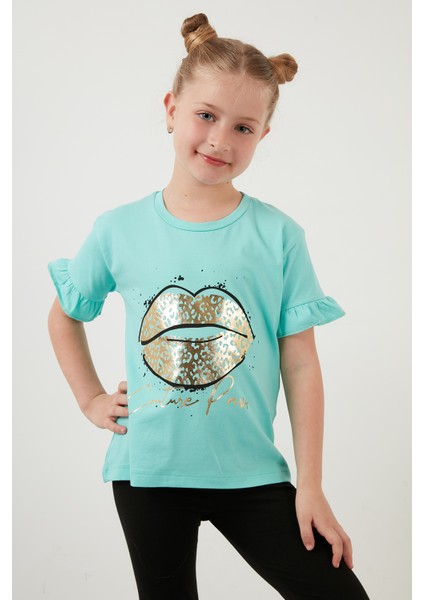Pamuklu Baskılı Kolları Fırfırlı Bisiklet Yaka T Shirt Kız Çocuk T Shirt 6211019 fiyatları