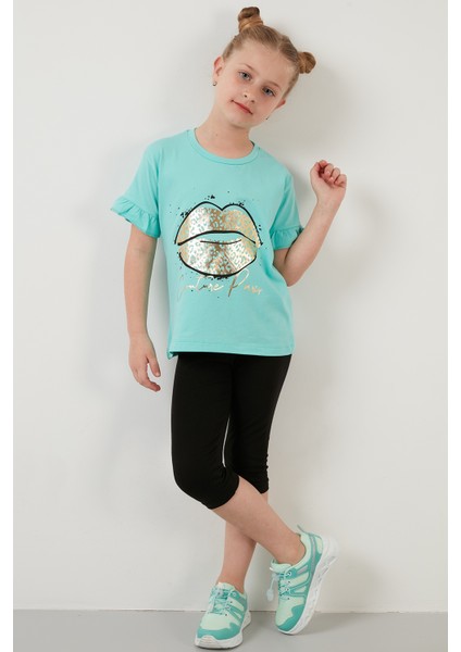 Pamuklu Baskılı Kolları Fırfırlı Bisiklet Yaka T Shirt Kız Çocuk T Shirt 6211019 modelleri