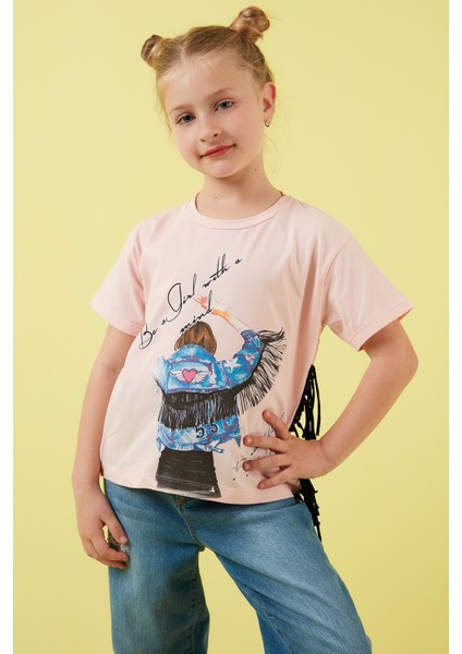 Pamuklu Baskılı Püskül Detaylı Bisiklet Yaka T Shirt Kız Çocuk T Shirt 6211020
