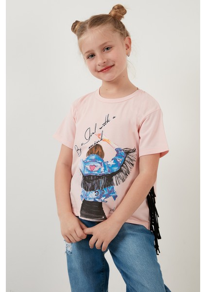 Pamuklu Baskılı Püskül Detaylı Bisiklet Yaka T Shirt Kız Çocuk T Shirt 6211020 modelleri