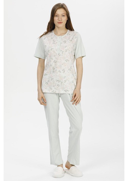 1206 Kadın Kısa Kol Çiçek Desen Pijama Takımı