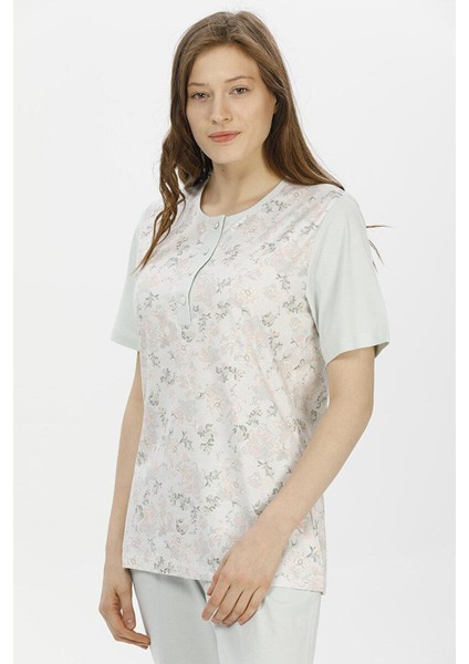 1206 Kadın Kısa Kol Çiçek Desen Pijama Takımı