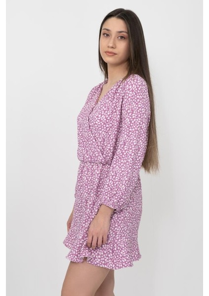 Kadın Lila Desenli Kruvaze Örme Mini Elbise