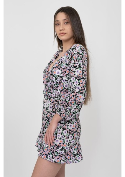 Kadın Çok Renkli Desenli Kruvaze Örme Mini Elbise