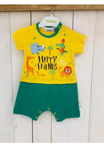 Bebessi Happy Friends Yazılı Hayvan Resimleri Desenli Tulum