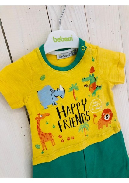 Bebessi Happy Friends Yazılı Hayvan Resimleri Desenli Tulum modelleri