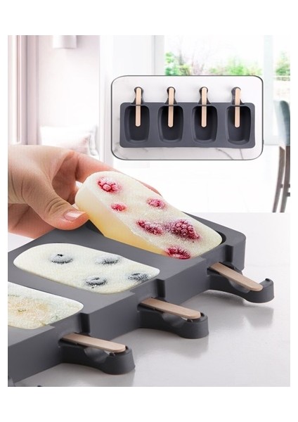 Magnum Silikon Dondurma Kalıbı 4'lü Mini Boy Dondurma Kalıbı Antrasit Renk Gri