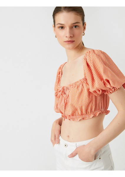 Crop Bluz Kare Yaka Balon Kollu