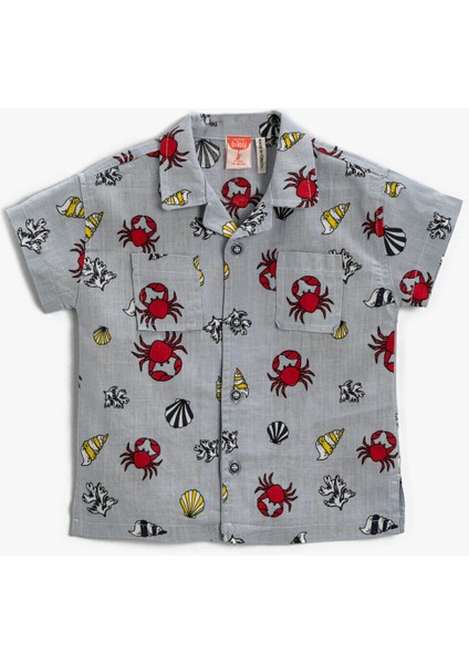 Kısa Kollu Gömlek Yengeç Desenli Pamuklu Cepli