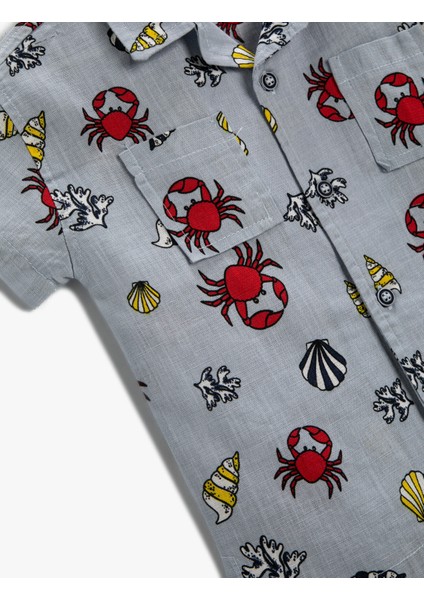 Kısa Kollu Gömlek Yengeç Desenli Pamuklu Cepli modelleri