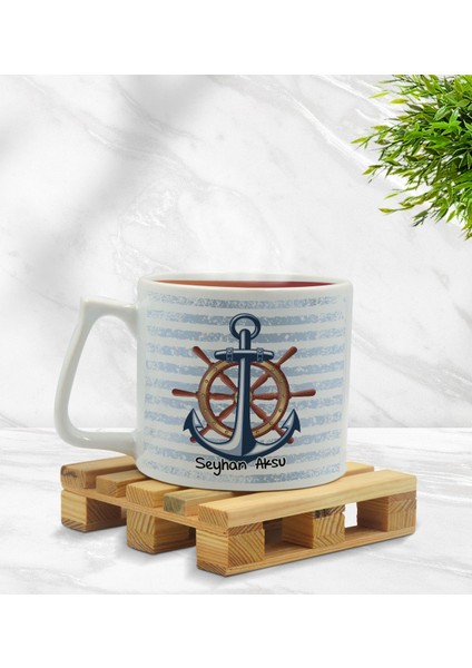 Kişiye Özel Çapa ve Dümen Tasarımlı Middle Beyaz Kupa Bardak Model 1