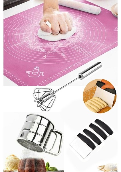 Silikon Hamur Açma Matı 50X40CM + Hamur Spatula + Çırpıcı + Un Eleği