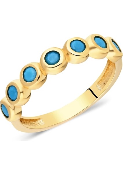 Yarım Tur Altın Yüzük - 14 Ayar Altın 0.50 Karat Turkuaz Taşlı Yarım Tur Kadın Yüzük