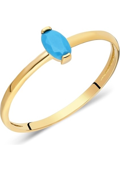 Altın Yüzük - Oval Tektaş -Firuze Taşlı Kadın Altın Yüzük -Pırlanta Montürlü Firuze Oval Tek Taş