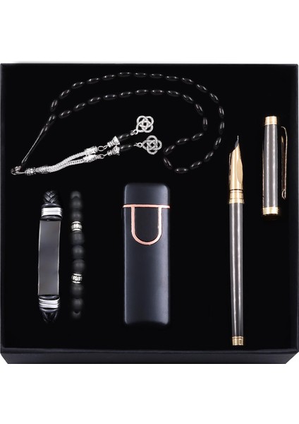 Füme Kalem & Siyah Rose USB Şarjlı ve Dokunmatik Çakmak & Arpa Tane Tesbih & 2'li Siyah Bileklik Hediye Seti