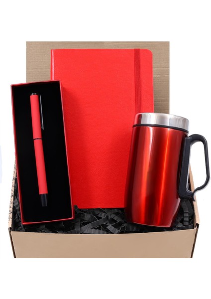 Kırmızı Çelik Bardak Termos & Kırmızı Defter & Kırmızı Roller Kalem Hediye Seti