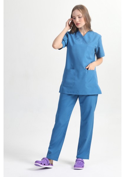 Kadın Petrol Mavi Terikoton Zarfyaka Doktor Hemşire Forması Takım May2802 modelleri