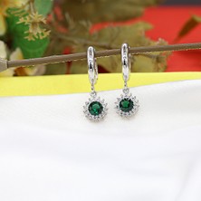 Yeşil Beyaz Taşlı Minimal Anturaj Yuvarlak Gümüş Küpe