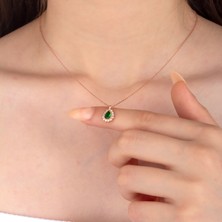 Ravza Gümüş 925 Ayar Gümüş Zümrüt Taşlı Damla Model Kolye