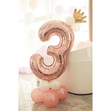 Best Parti 3 Yaş Rose Gold Renkli Rakam Balon Seti 34 inç ve 10 inç 8 Adet Kral Taçlı