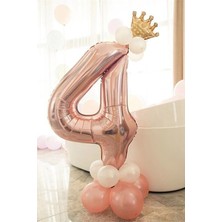 Best Parti 4 Yaş Rose Gold Rakam Balon Altın Kral Taçlı Balon Seti