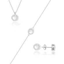 Ravza Gümüş 925 Ayar Gümüş Pırlanta Model Yuvarlak Kolye Küpe Bileklik Takı Seti