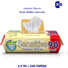 Bii Wipes Sensitive Hassas Bakım Islak Havlusu 6 x 90 Yaprak