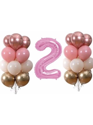 Bal10 Dünyası Pastel Krom 2 Yaş Pembe Doğum Günü Balon Seti