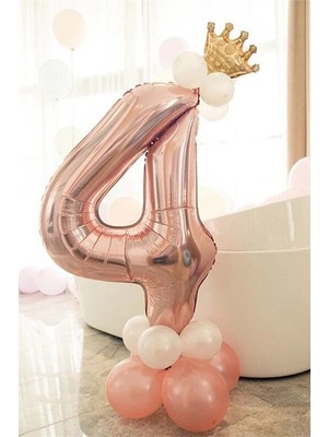 Bal10 Dünyası 4 Yaş Rose Gold Rakam Balon Altın Kral Taçlı Balon Seti
