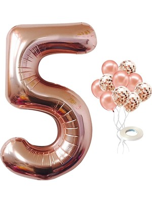 Bal10 Dünyası 5 Yaş Rose Gold Rakam Balon Konfetili Balon Seti
