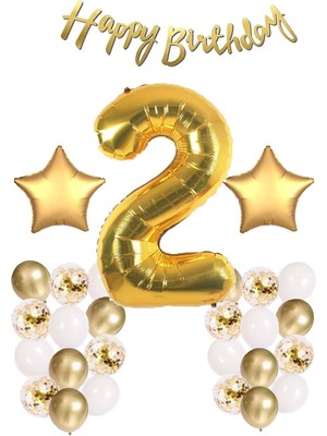 Bal10 Dünyası Gold Konsept 2 Yaş Doğum Günü Konfetili Kutlama Seti