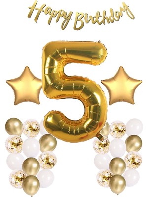 Bal10 Dünyası Gold Konsept 5 Yaş Doğum Günü Konfetili Kutlama Seti