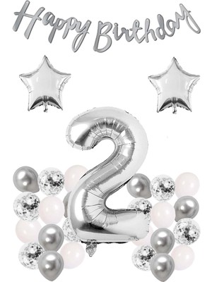 Bal10 Dünyası Gümüş Konsept 2 Yaş Doğum Günü Konfetili Kutlama Seti
