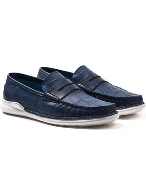 Tezcan Shoecide Pergamon Mavi Kroko Desenli Hakiki Deri Erkek Loafer Ayakkabı