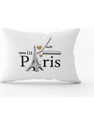 Cango Home Beyaz Siyah Love Paris Yazılı  Dijital Baskı Kırlent Yastık Kılıfı - CGH443-3550 Çift Tarafı Baskılı