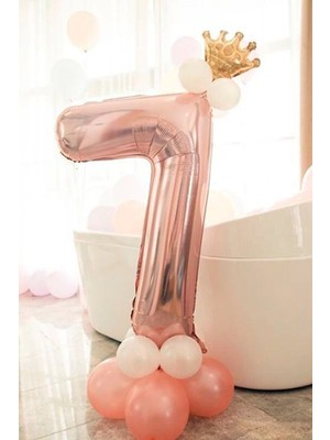 Best Parti 7 Yaş Rose Gold Rakam Balon Altın Kral Taçlı Balon Seti