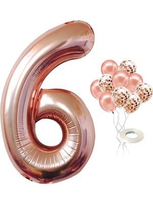 Best Parti 6 Yaş Rose Gold Rakam Balon Konfetili Balon Seti