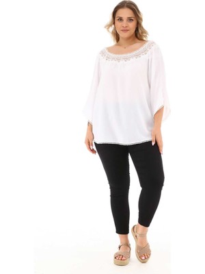 Zer Otantik Zerotantik Dantel Yakalı Büyük Beden Bluz Beyaz