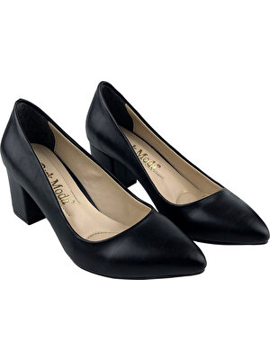 Astorya Ticaret Siyah Suni Deri Kalın Topuklu Kadın Topuklu Ayakkabı - 38