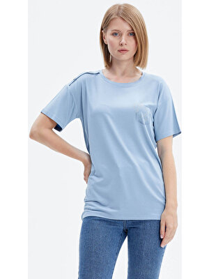Sementa Taş Detaylı Geniş Kalıp Tshirt - Mavi
