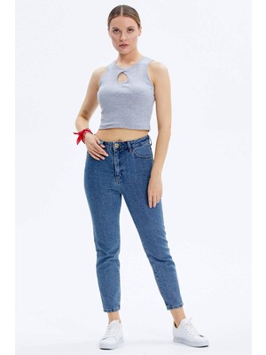 Sementa Damla Yaka Detaylı Crop Tshirt - Gri