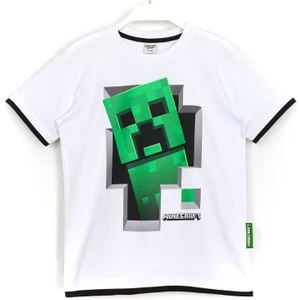 Erkek Çocuk Minecraft Creeper 3D Baskılı T-Shirt Beyaz